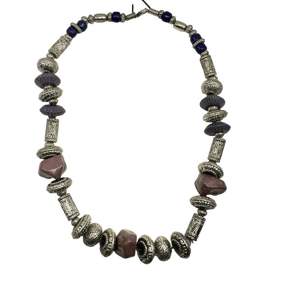 Mix Media Artisan Silver and Purple Bead Chunky Statement Boho Necklace - Picture 4 of 7